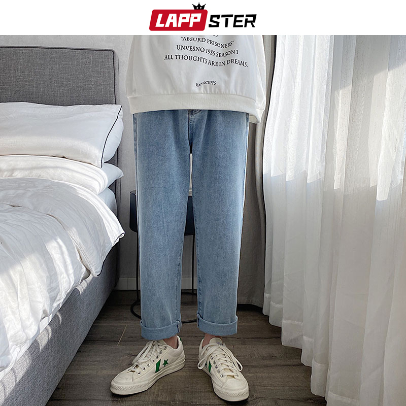 LAPPSTER Men Vintage Kpop Light Blue Jeans Mens Casual Streetwear Loose Harem Pants Male Oversized High Waisted Denim Pants 201123