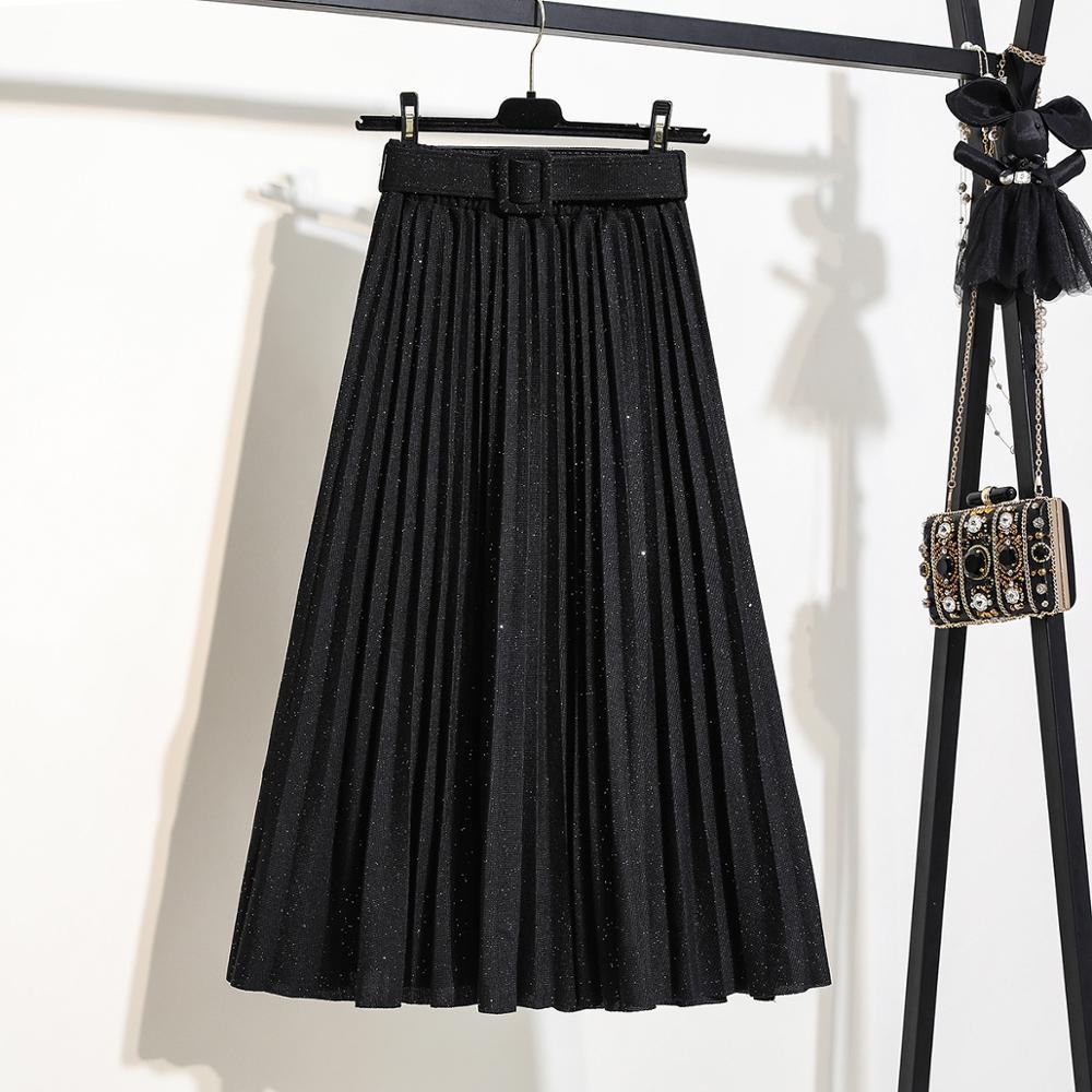 New Autumn Elastic Waist Women Long Skirt With Belt Winter Black ALine Female Skirt Solid Pleated Skirt Korea Style Femme T200324