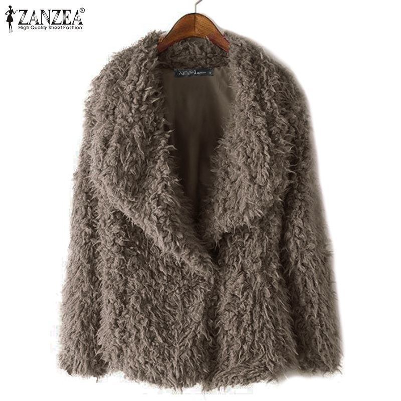 Women's Fluffy Fur Coats Winter Outerwears 2019 ZANZEA Casual Lapel Single Button Jackets Autumn Female Long Sleeve Windbreakers T200111