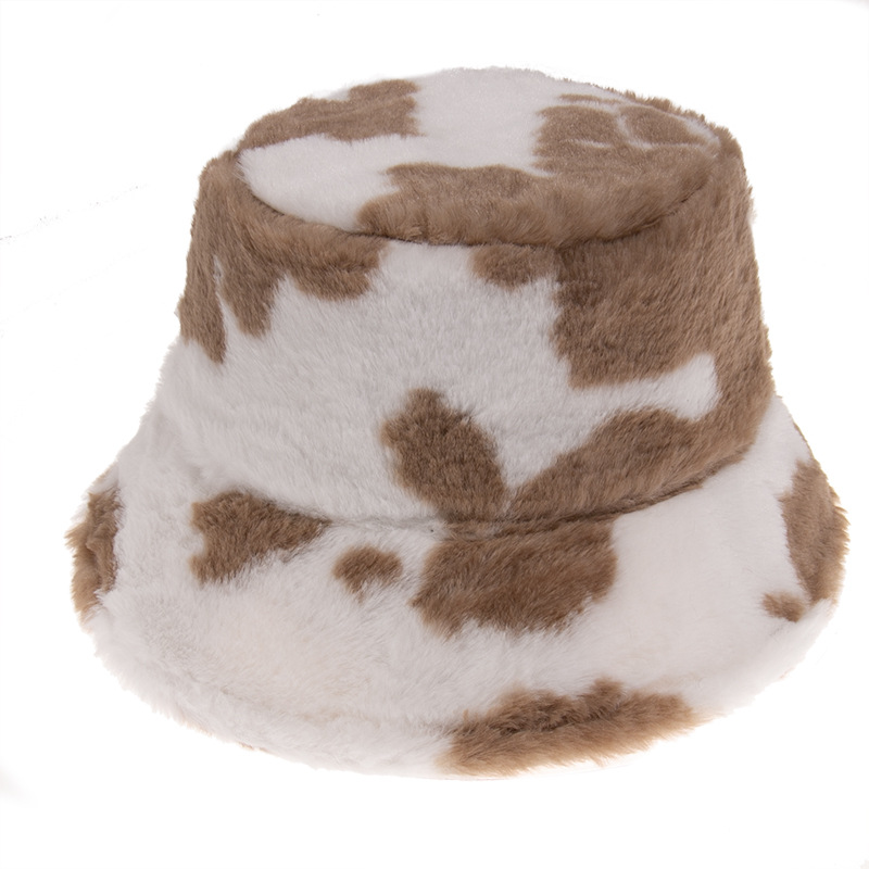 Winter Warm Bucket Hat Fluffy Plush Thick Fisherman Caps Fashion Cow Print Soft Autumn Sun Hat Female Basin Chapeau
