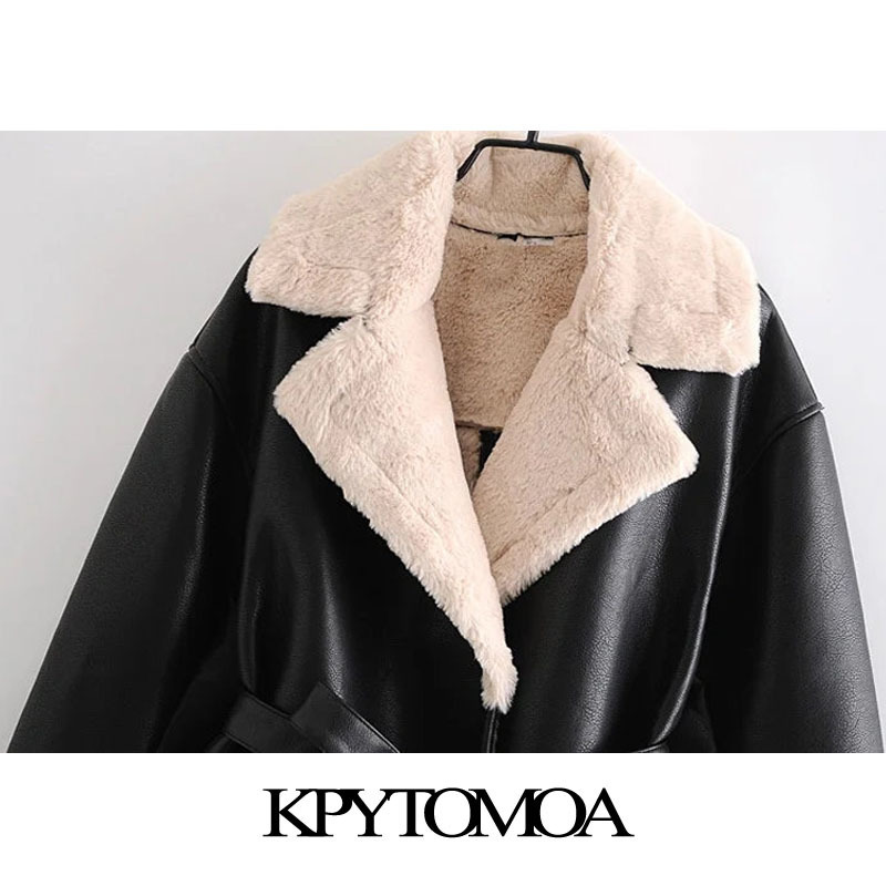 KPYTOMOA Women Fashion With Fur Faux Leather Thick Warm Jacket Coat Vintage Long Sleeve Tied Belt Female Outerwear Chic Top 201112