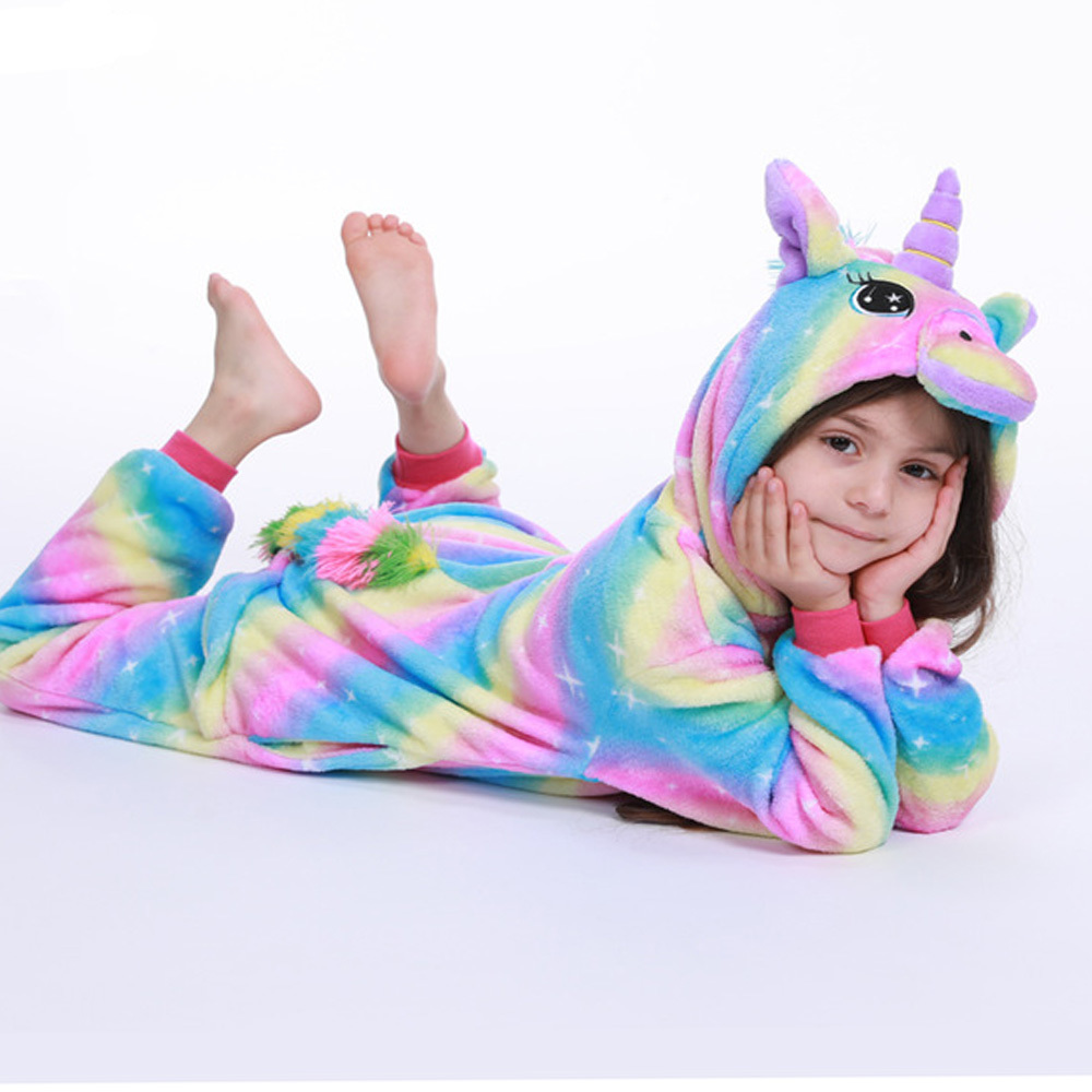 Kigurumi Unicorn Pajamas Animal Onesie for Children Girls Boys Sleepwear Kids Cartoon Licorne Pyjama Suit Winter Overalls 201104