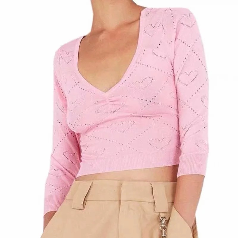 Women's Vintage Love Jacquard Sweet V-neck Sweater Spring Autumn pullovers bottom sweaters jumper pullover women pull femme 201023