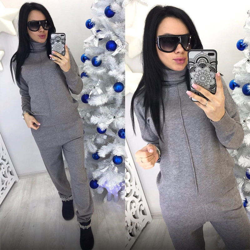 Autumn winter Knitted tracksuit Turtleneck sweatshirts Fashion Women Suit clothing 2 Piece set Knit pant Female Sporting suit T200116