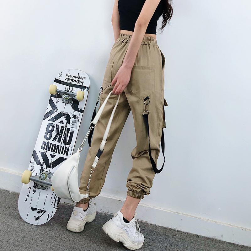 Joggers Women Cargo Pants Hip Hop Elastic High Waist Loose Streetwear Harem Pants Baggy Female Korean Fashion Trousers Patchwork 201106
