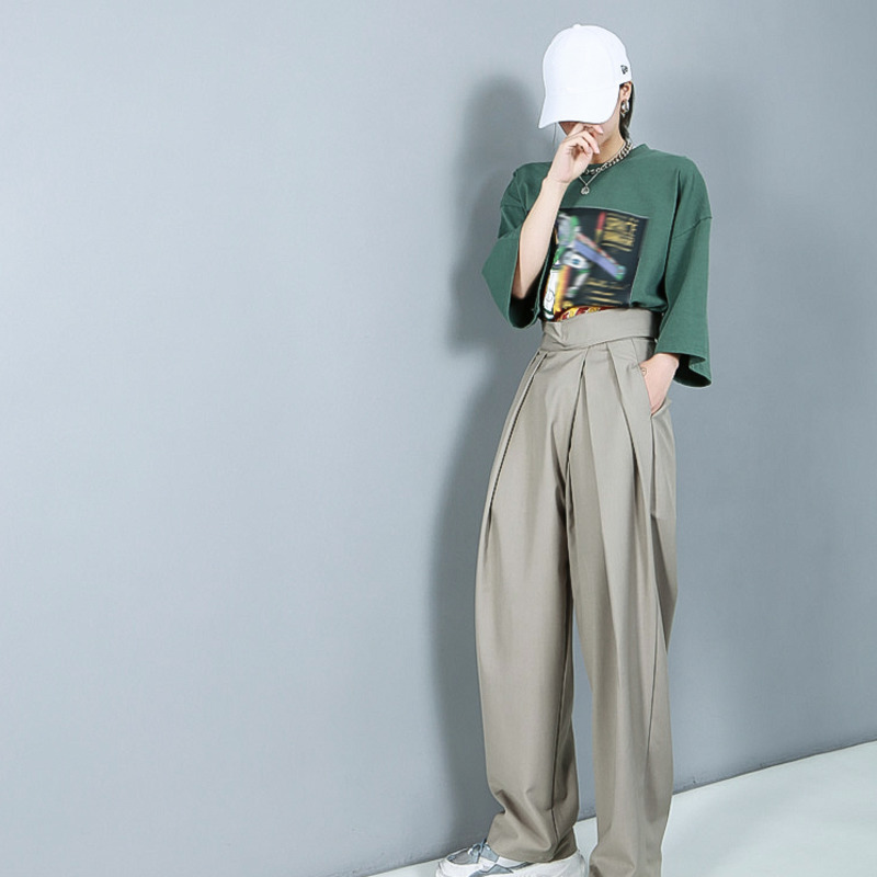 EAM High Waist Army Green Pleated Long Wide Leg Trousers Loose Fit Pants Women Fashion Spring Autumn 1R774 201228