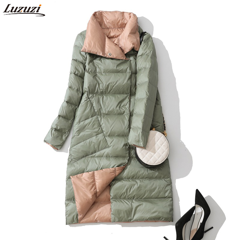 Luzuzi Women Double Sided Down Long Jacket Winter Turtleneck White Duck Down Coat Double Breasted Warm Parkas Female Outerwear 201119