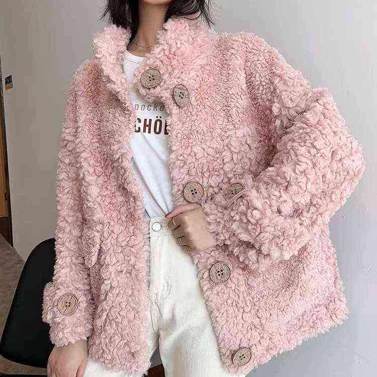 Hstar Sheep Sheared Female Brief Paragraph Coat Keep Warm With Thick Fur Compound Lambs Wool Collar Shearling 211220