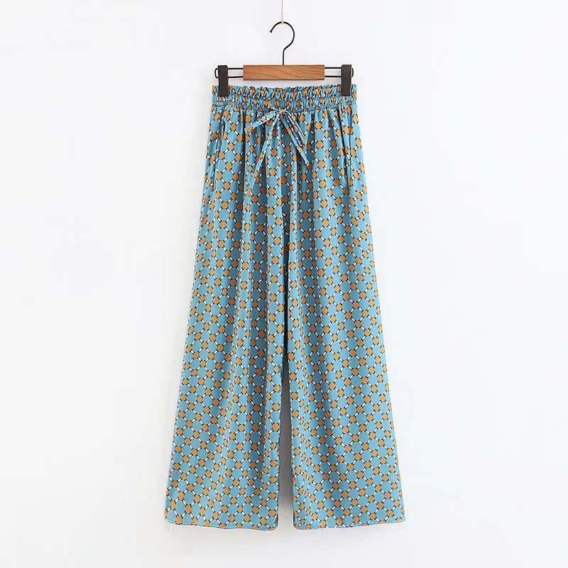 Women's suits 2019 New Arrival Blue Printed Kimono Jacket with Feather Sleeves Wide Leg pants twopiece Vintage Clothing Suits T200818