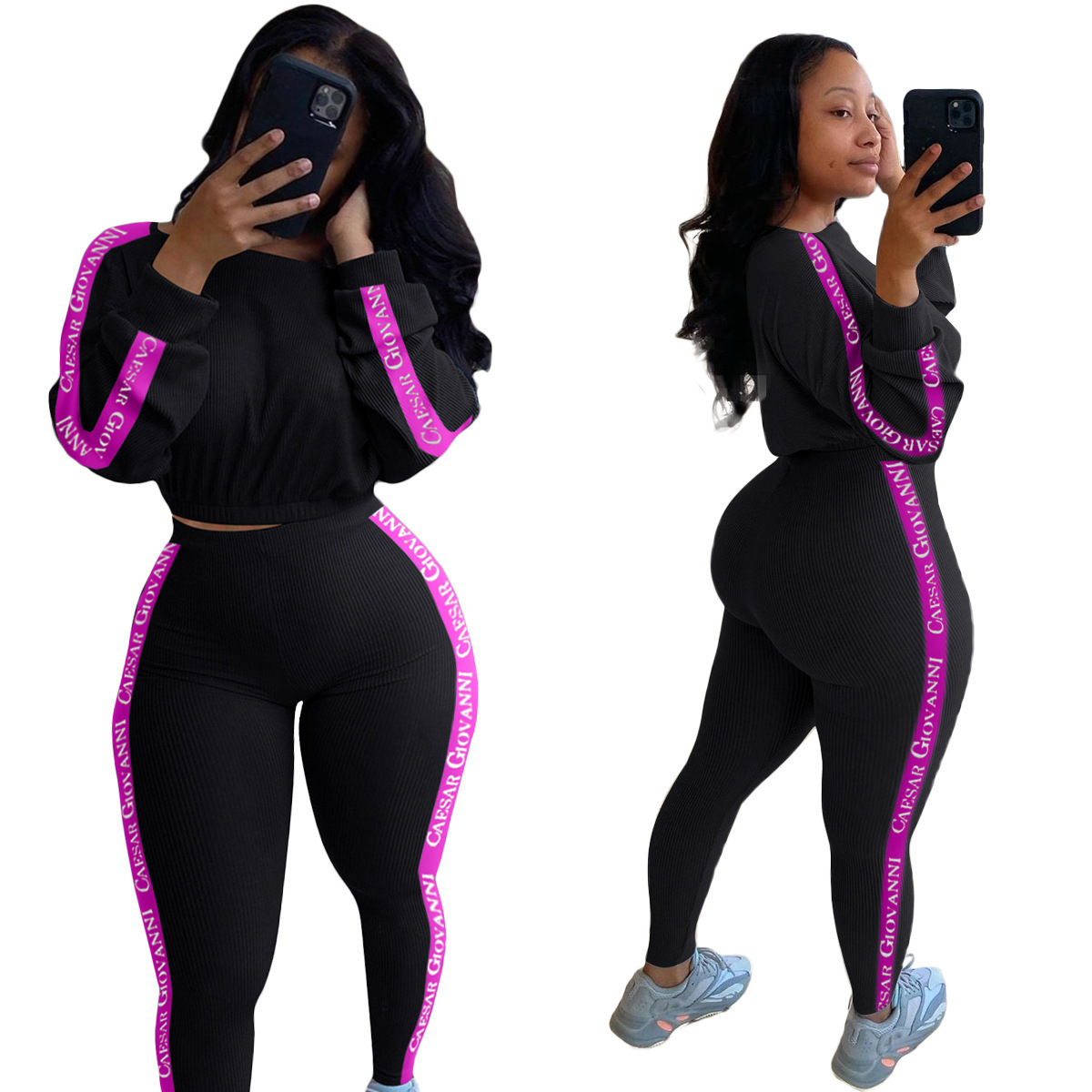 Women Clothes Tracksuits Two Pieces Set Letters Printed High Waist Long Sleeve Top Trousers With Webbing On The Sides Casual Suits Sportwear