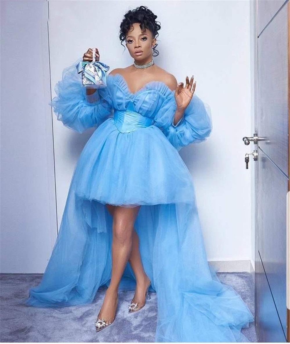 Chic Sky Blue High Low Prom Dresses With Puff Long Sleeves 2026 Sweetheart Neck Off Shoulder Tulle Formal Evening Gowns Black Girls Homecoming Graduat