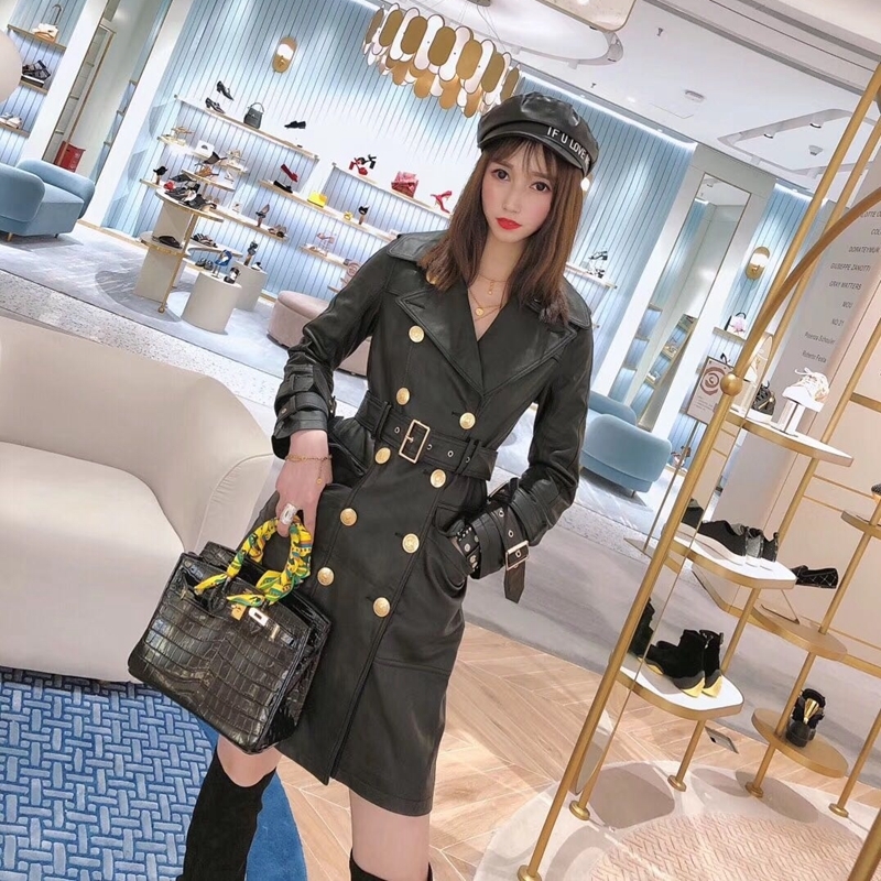 European Style Women Coats Natural 100% Sheepskin Genuine Leather Long Real Sheepskin Windcoat Female Double Breasted Coat 201030