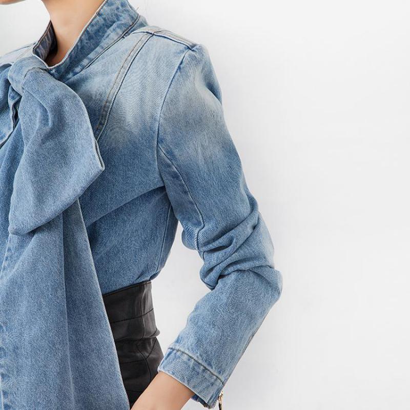 GetSpring Women Blouse Denim Blouse Denim Shirt Long Sleeve Jean Blouses Retro Bow Women Shirt All Match Ladies Tops Spring Top T200321