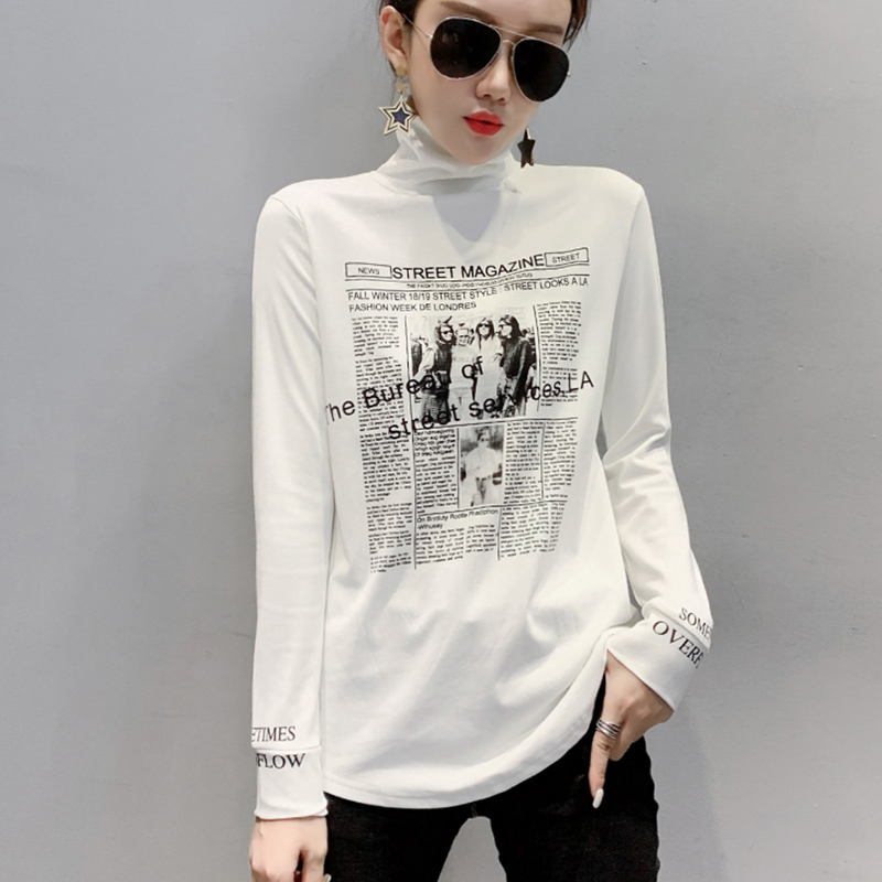 New Autumn Winter Women Letter Print T-shirt Casual Long Sleeve Newspaper Graphic Bottoming Female Warm Fleece Tops T07839B 201028
