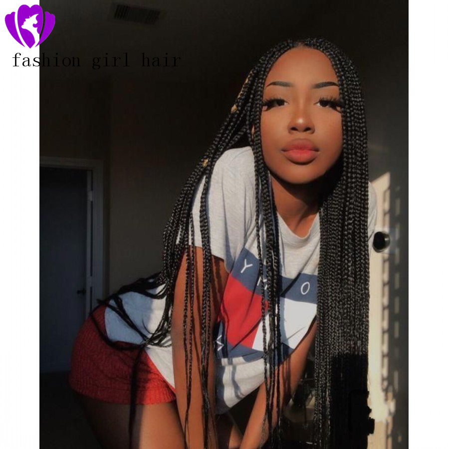Free part brazilian hair Braided Box Braids Wig Long Black Hair Synthetic Lace Front Wigs for Women Heat Resistant Cosplay Lace Wig
