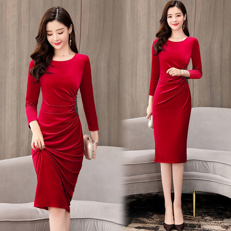 Lady Sexy Skinny Velvet Package Hip Dress Sequined Glitter Plus Size 3XL Slim Long Sleeve Midi Bodycon Women Casual Party dress 201125