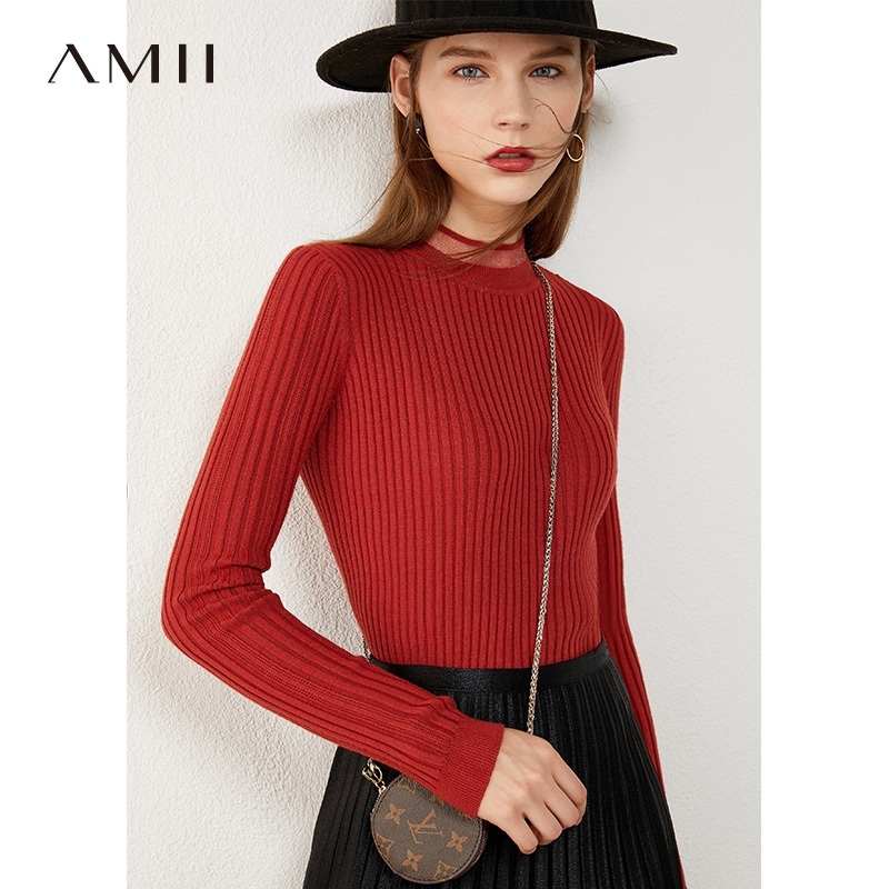 AMII Minimalism Autumn Fashion Women Sweater Causal Solid Stripe Slim Fit Turtleneck Sweater Female Pullover Tops 12030334 201017