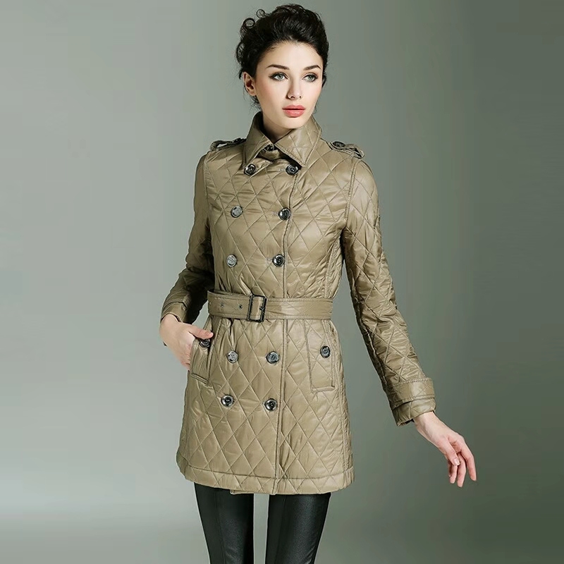 Hot Sale women winter thick coat luxury designer solid cotton padded trench coat vintage british style jacket argyle belt black khaki jacket