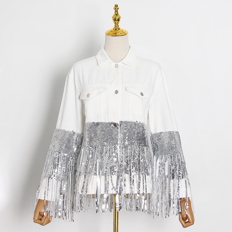 TWOTWINSTYLE Patchwork Sequin Tassel Jacket For Women Lapel Long Sleeve Casual Oversized Jackets Female Fashion Style 201029