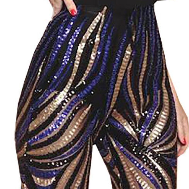 LIVA GIRL Gorgeous Black Cobalt Sequin Trousers Women Sexy Mesh Striped Pattern High Waist Flared Pants Female Dance Long Pant T200606