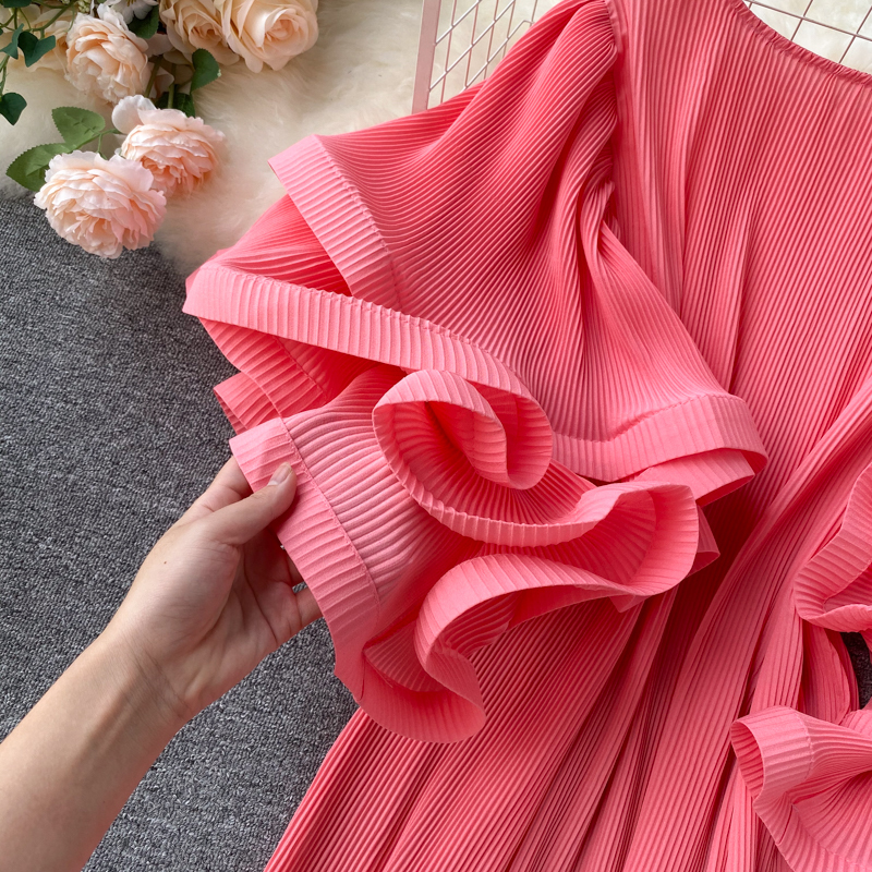 Neploe Chiffon Women Blouses Korean Pleated Causal Solid Shirts Summer 3D Flare Short Sleeve O-neck Blusas Feminimos 4B226 201201