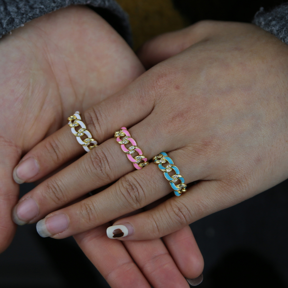 Gold Color Fashion 2024 Women Finger Jewelry Micro Pave White CZ Pink Blue White Enamel Cuban Link Chain Band Ring