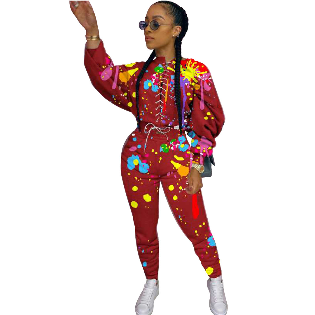 Women's Two Piece Pants European and American women's fashion lace-up graffiti printed sweater two-piece suit