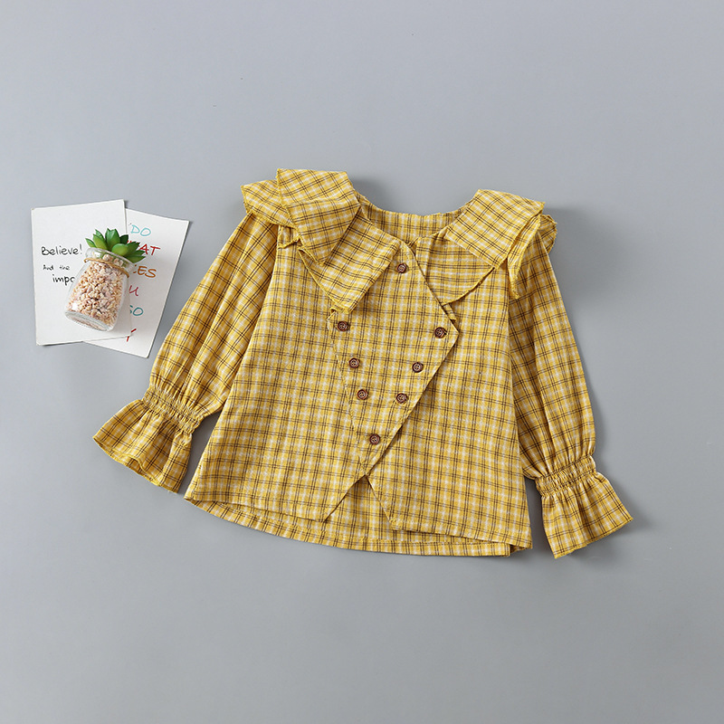 New Arrivel Girls Clothes Yellow And Green Grid Shirt + Denim Skirt 2pcs Suit Girl Clothing Set Autumn Children School ClothesX1019
