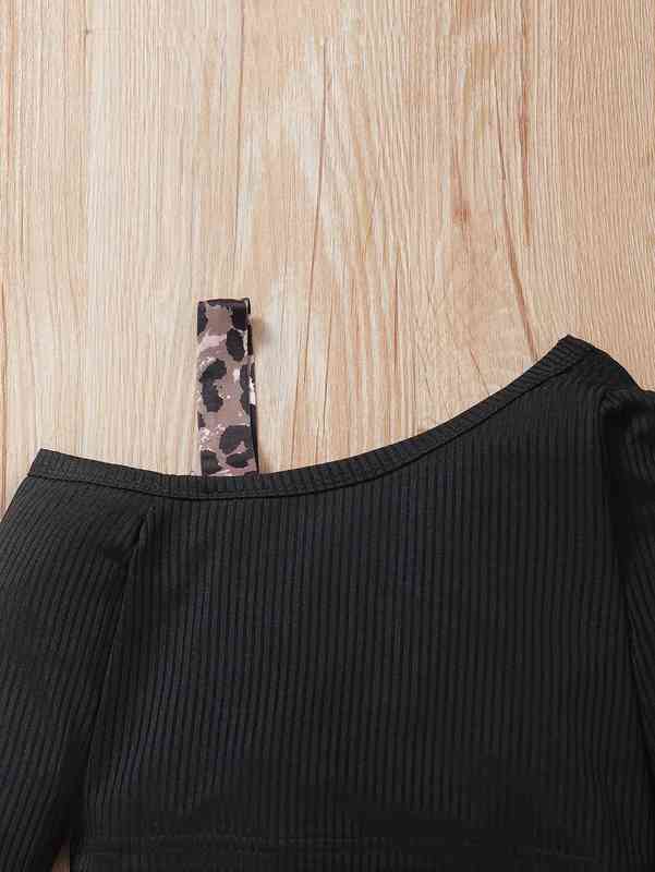 Baby Asymmetrical Neck Ribbed Knit Top & Leopard Flare Leg Pants SHE