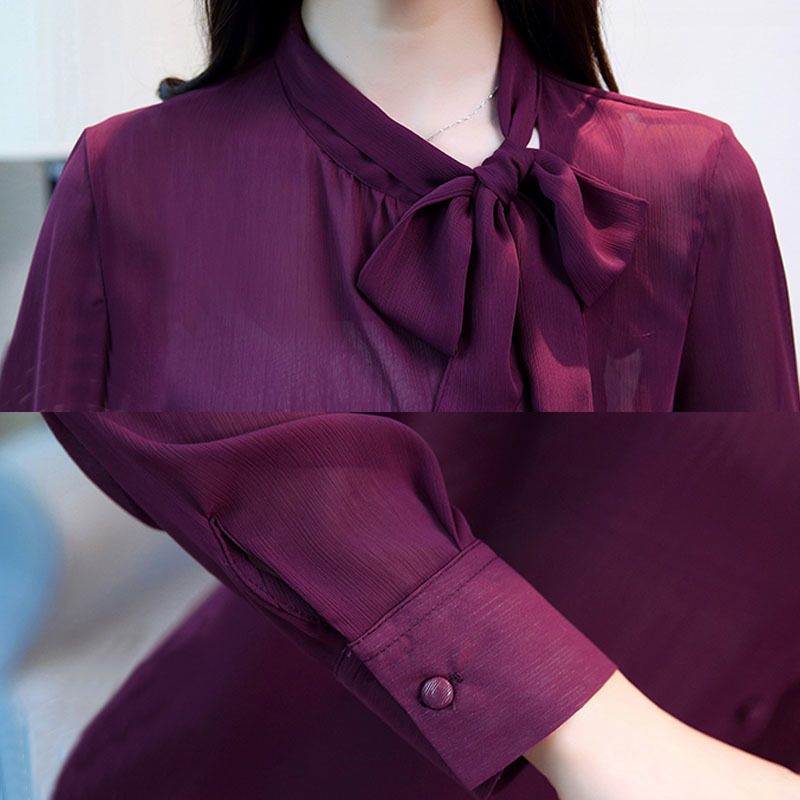 Autumn Blouse Women Bow Women's Clothing Long-sleeved Chiffon Blouse White Solid Purple Women Tops Blusas Shirts D304 30 201028