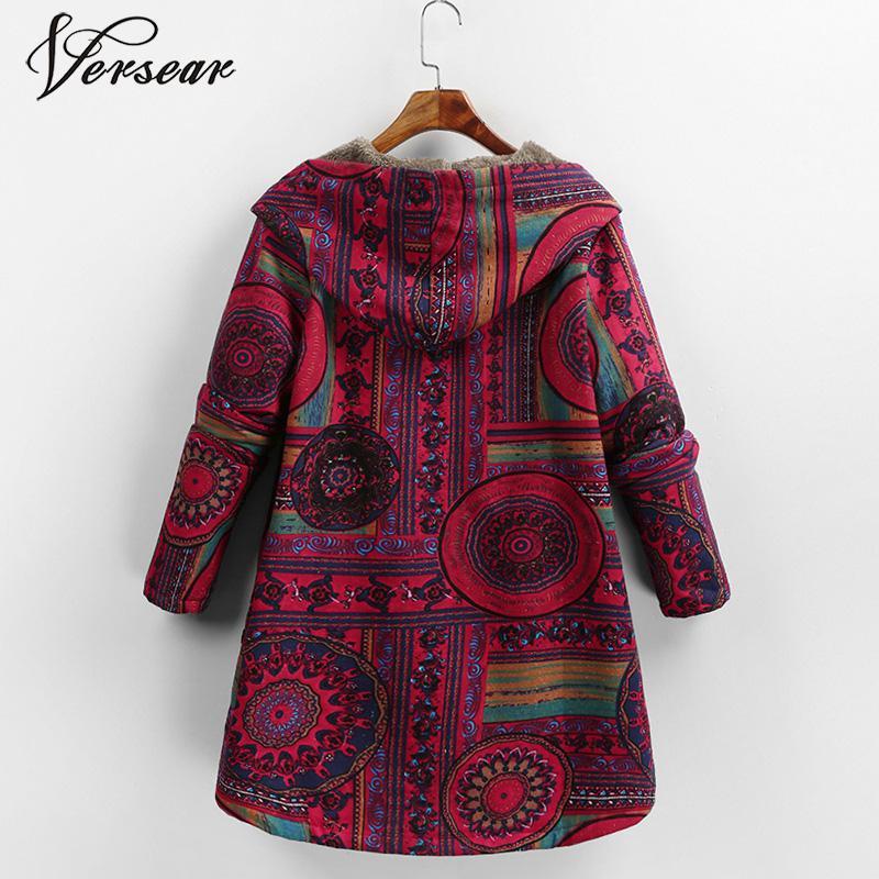 Versear Female Jacket Plush Coat Women Windbreaker Winter Warm Outwear Floral Print Hooded Pockets Vintage Oversized Coats Plus