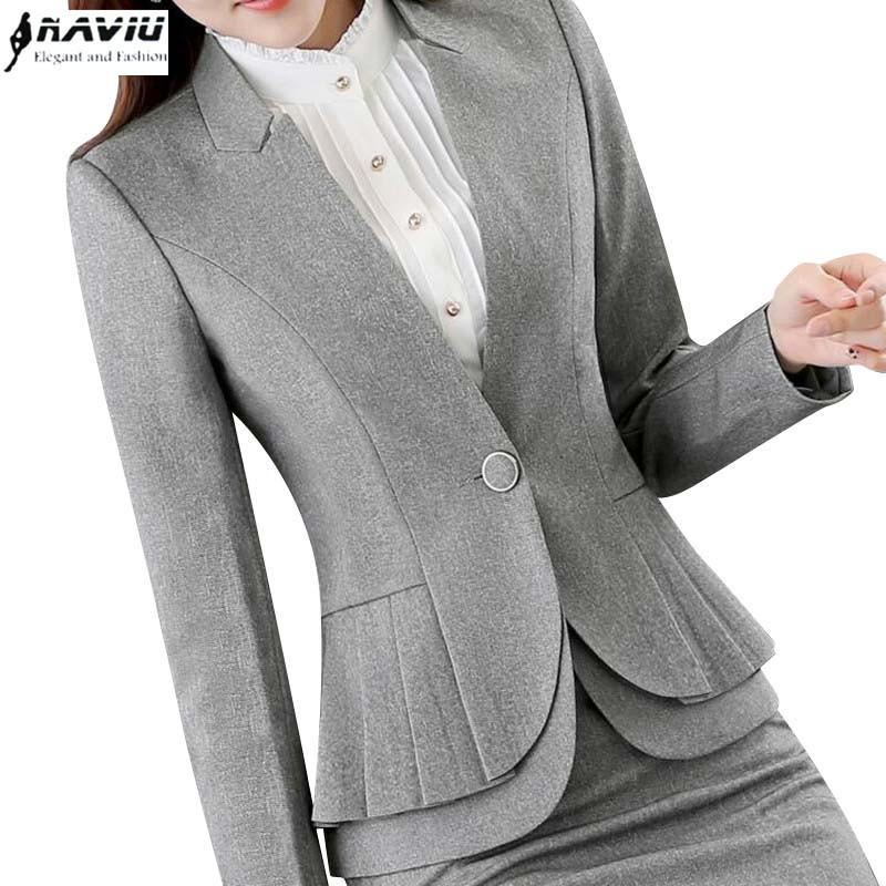 NAVIU Elegant and Fashion Women Blazers Autumn Temperament Long-Sleeve Black Gray Jacket Office Ladies Plus Size Work Wear Coat 201114