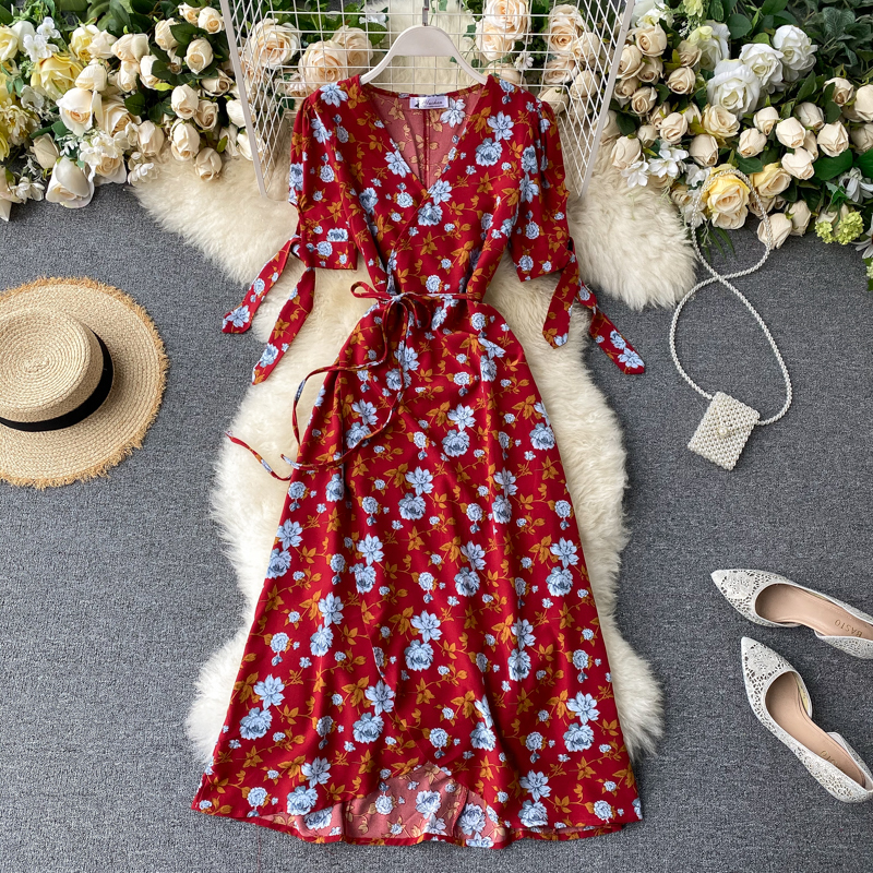 SINGRAIN New Summer Print Floral Dress Women V Neck Chiffon Bohemian Dresses Beach Irregular Female Wrap Midi Long Dress T200603