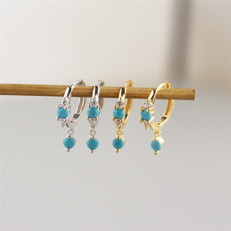 100% 925 Sterling Silver Small Circle Stud Earrings for Women New Fashion Blue Turquoise Charms Earring Wedding Jewelry Gifts ML
