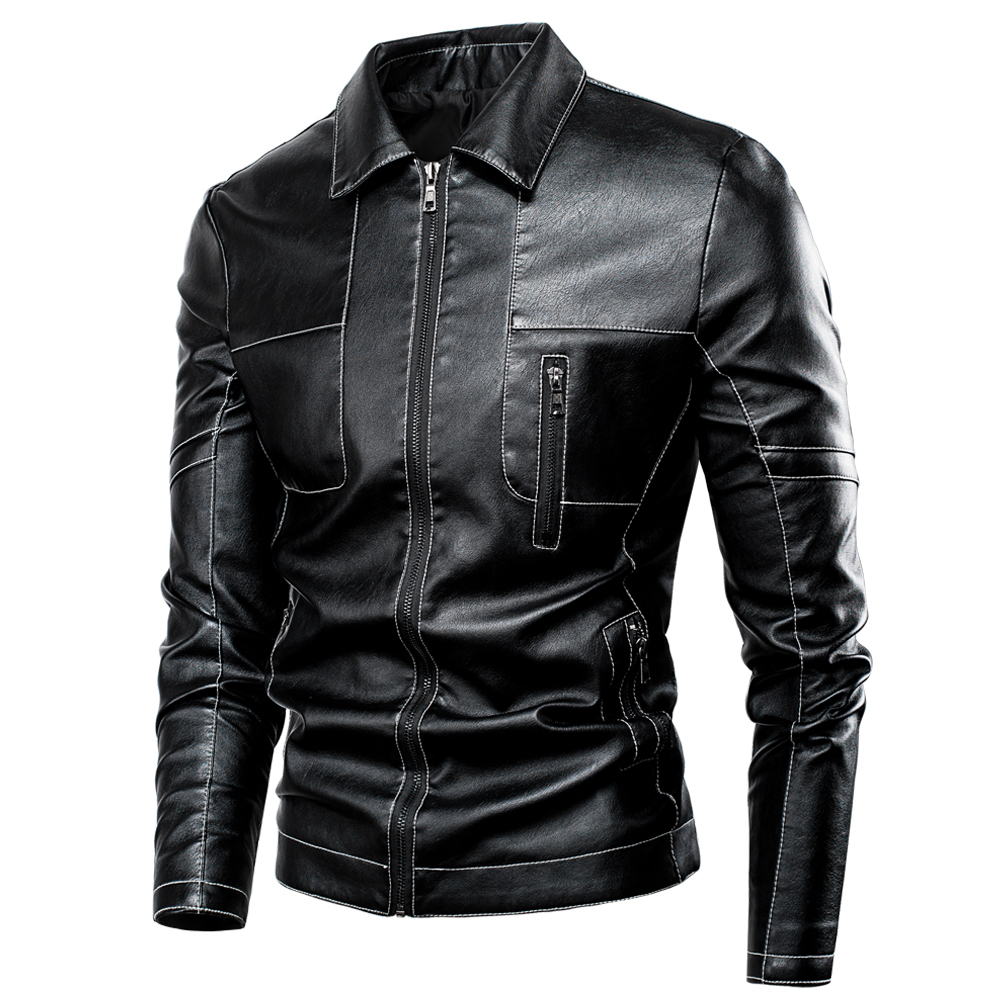 TFU Men Autumn Winter Business Casual TurtleNeck Fleece Leather Jacket Coat Men Spring Pockets Faux PU Leather Jackets 201128
