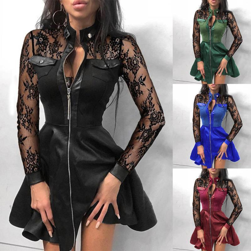 4# Zipper Pockets PU Leather Dress Women Sexy Lace Mesh Sleeve Patchwork Party Dress Winter Elegant Stand Neck Button Dresses1, Black
4# Zipper Pockets PU Leather Dress Women Sexy Lace Mesh Sleeve Patchwork Party Dress Winter Elegant Stand Neck Button Dresses1, Black