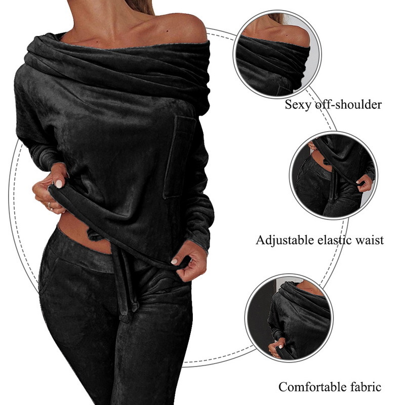 CYSINCOS 2 Piece Set Women Autumn Off Shoulder Casual Crop Top 2020 Female Clothing Tracksuit Pockets Loose Long Pants Two Piece T200826