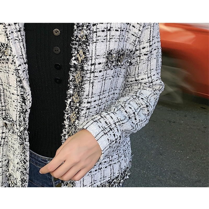 New Womens Black Tweed Jackets Plaid Coats Autumn Small Fragrance Long Sleeve Elegant Tassel Jackets Open Stitch Coats Outerwear 201013