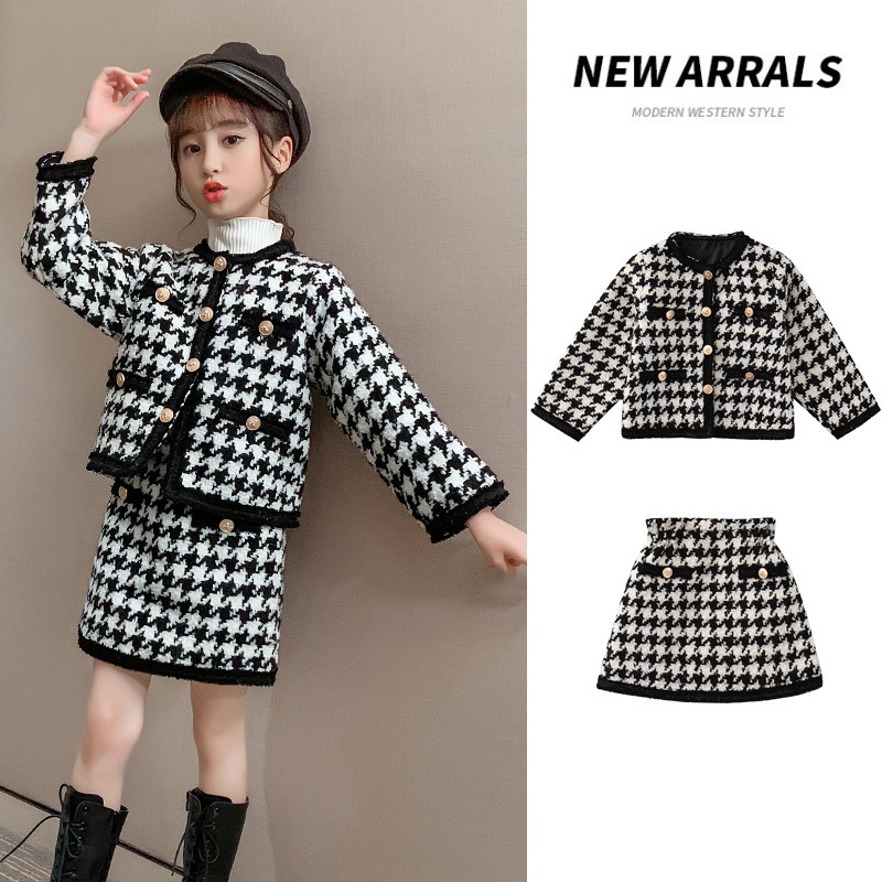 Children Winter Baby Girl Clothes Woolen Skirt Set Thicken Cardigan Plaid Coat+Skirts Two Piece Girls Outfits Fashion Kids SuitX1019