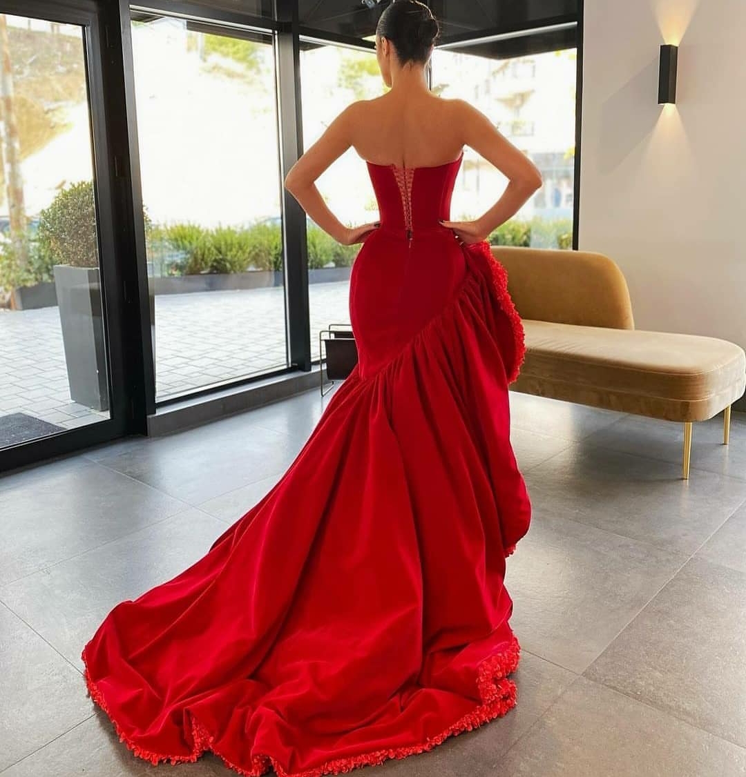 2020 Red Mermaid Prom Dresses Ruffles Side Slit Sweetheart Formal Evening Gowns vestido de novia Special Occasion Dress