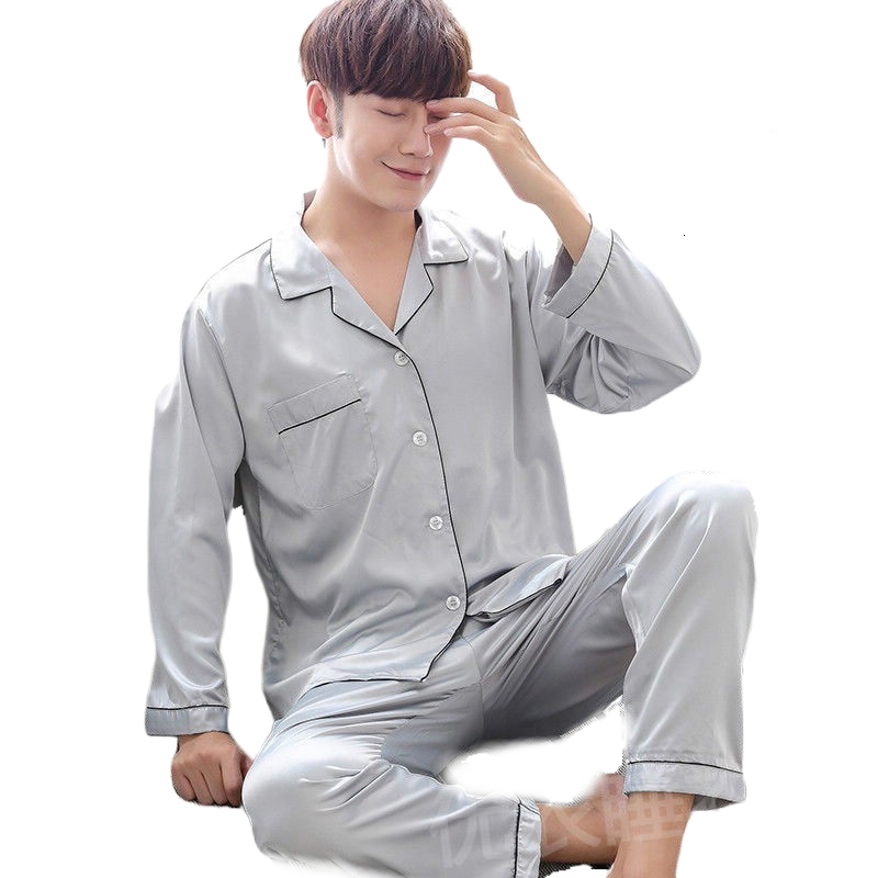 Autumn Summer Men's Stain Silk Pajama Set Men Pajamas Silk Men Sexy Soft Cozy Satin Nightgown Men Sleepwear Set Loungewear 201111