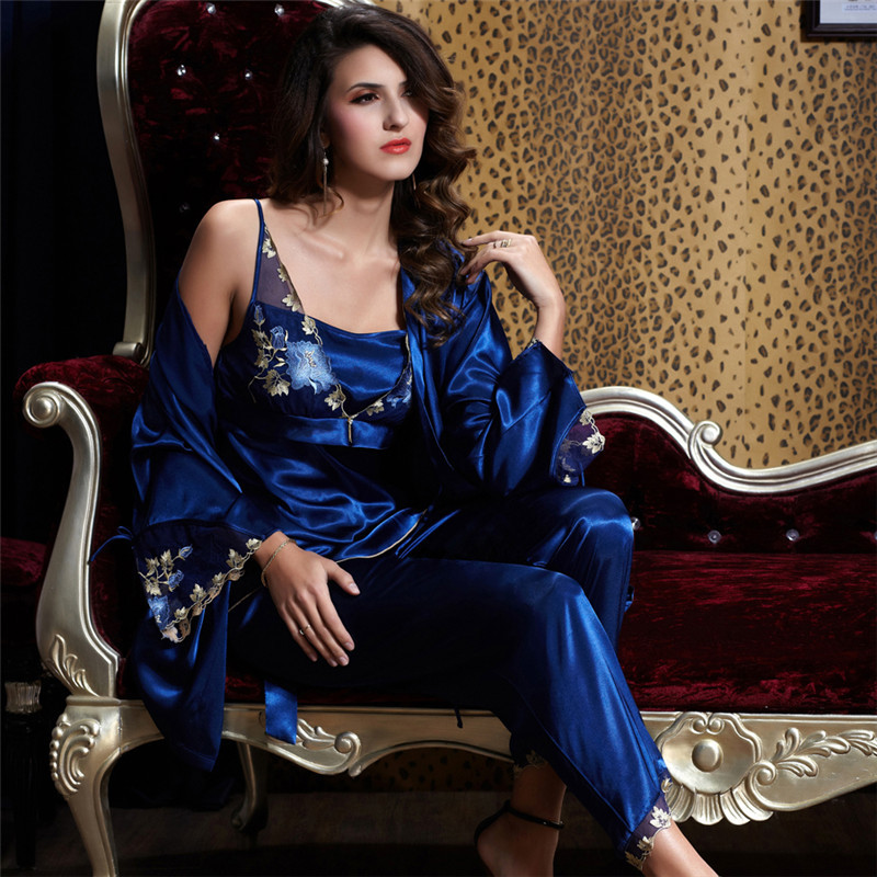 Xifenni Pajama Sets Female Sexy Satin Silk Sleepwear Women Lace Embroidery Long-Sleeve Pyjamas Faux SILK Home Clothing 20343 210203