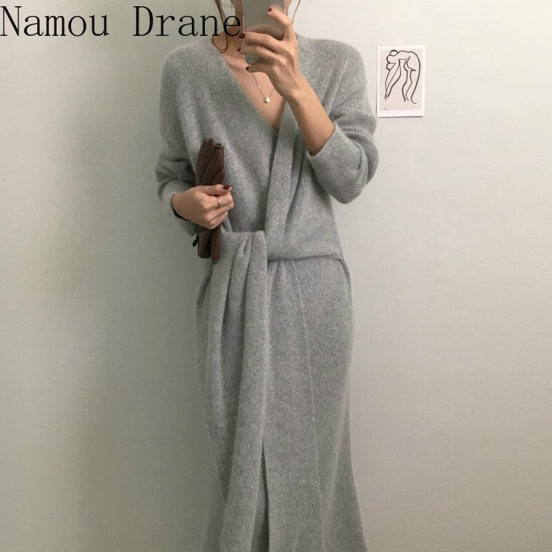 Korean Lace Up Sweater Dress Long Sleeve V-neck Elegant Knitted Dresses Autumn Winter Women Basic Vestidos 201126