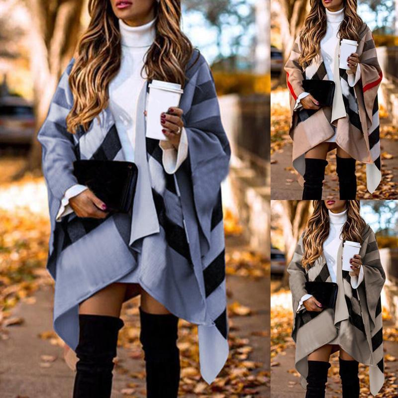 

Scarves Autumn Winter Women Fashion Batwing Sleeve Coat Plaid Stripes Poncho Scarf Shawl Vintage Panchos Female, Blue;gray