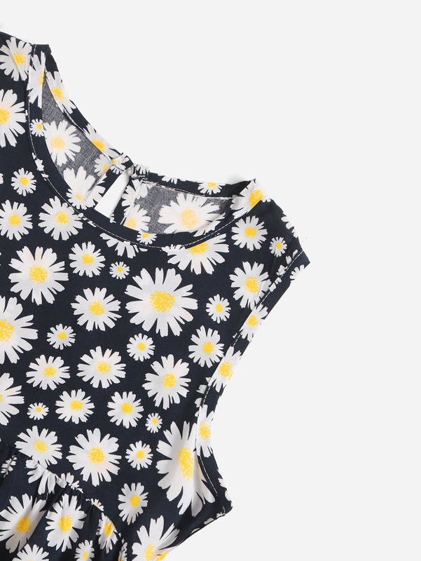 Girls Allover Floral Print Keyhole Back Dress SHE