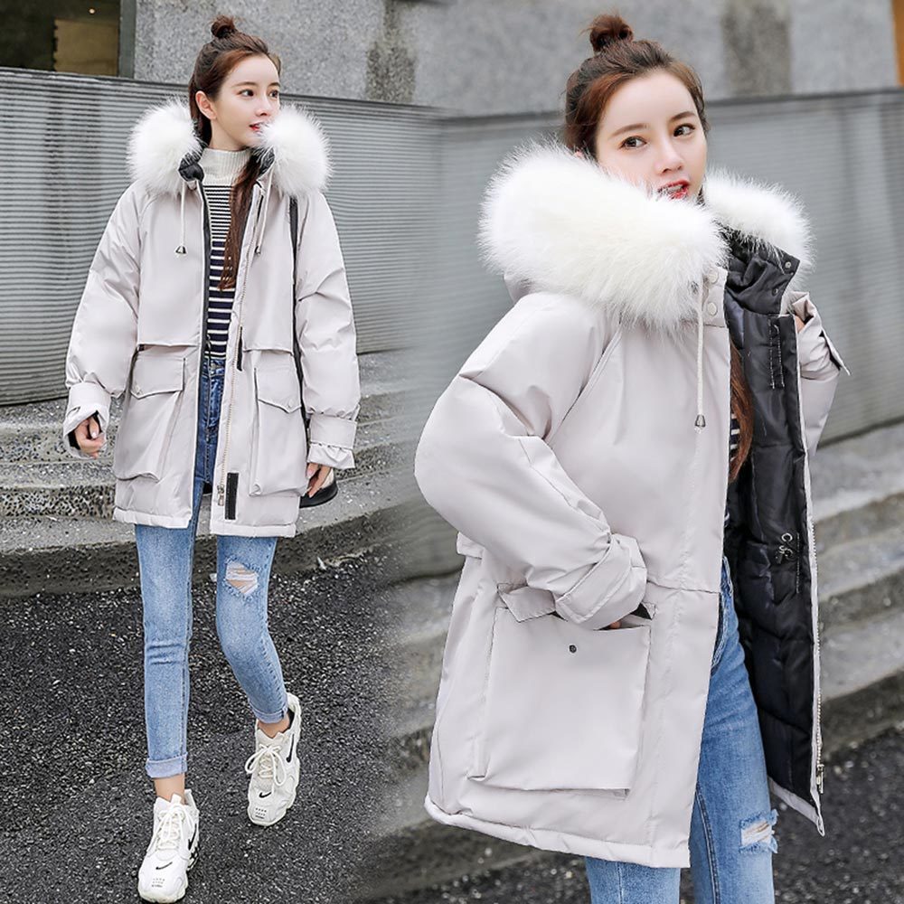 PinkyIsBlack Fashoin Thick Loose Medium Long Winter Jacket Women Casual Big Pockets Hooded Parka Coat Female Fur Collar 201019