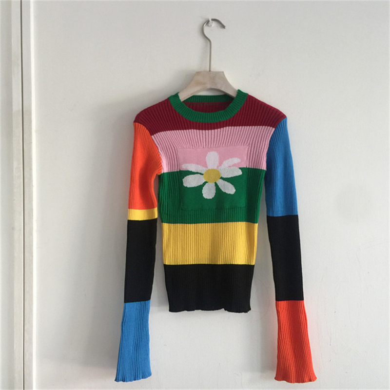 Womens Flower Print Rainbow Striped Sweater Stretch Fitted Long Sleeve Pullover Knit Top Dolly Sweater Harajuku e-Girl Outfit / 201017