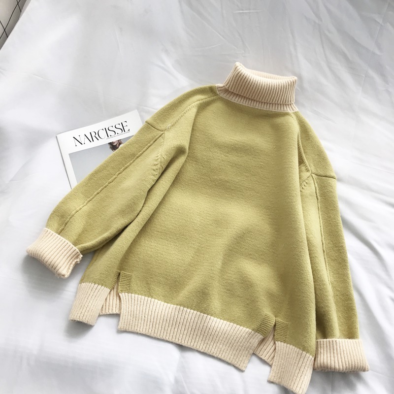 Oversized Turtleneck Sweater Women Loose Pullovers Winter Thick Warm Knit Tops High Neck Color Block Soft Jumper Large Knitwear 201023