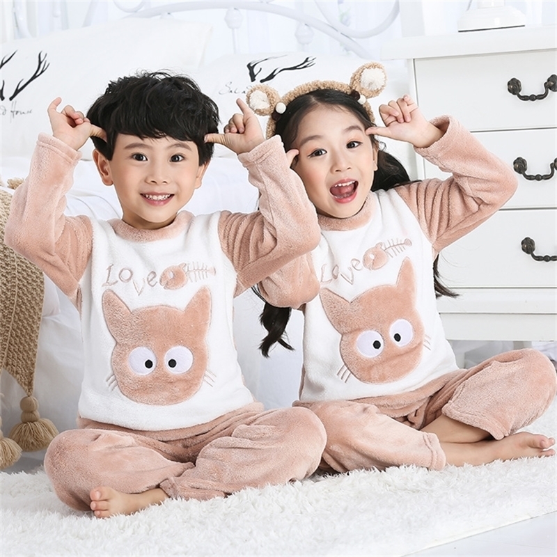 Children's flannel pajamas set boys and girls cartoon coral fleece head protector home service 201225