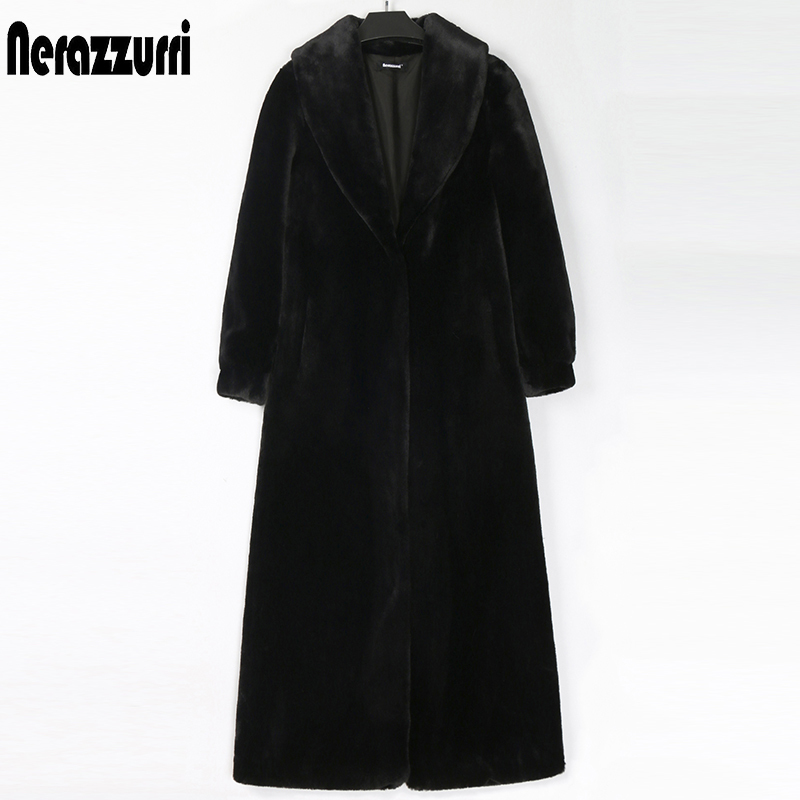 Nerazzurri Winter warm maxi faux fur coat women long sleeve shawl collar X-long fluffy furry overcoat Plus size fashion 7xl 201110